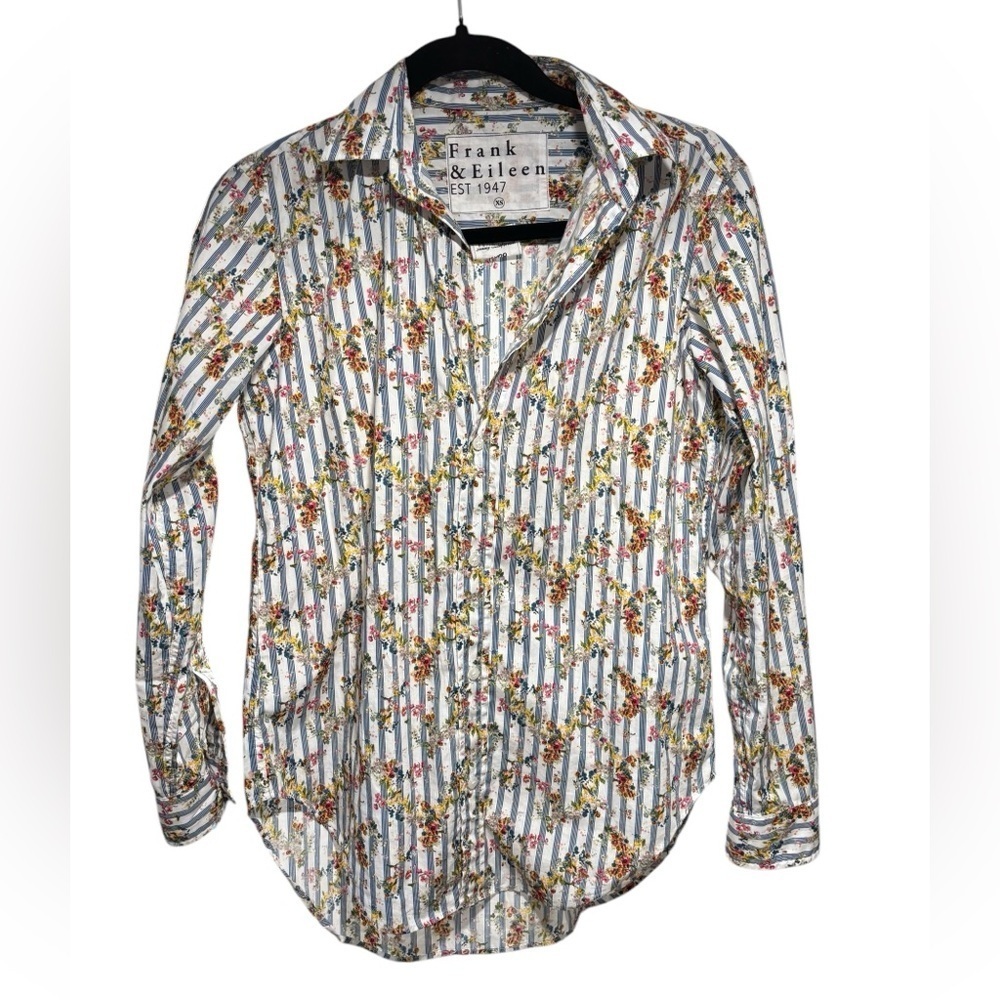 Frank & Eileen Silvio Untuckable Button-Up Shirt Floral Stripe Extra Small Blue